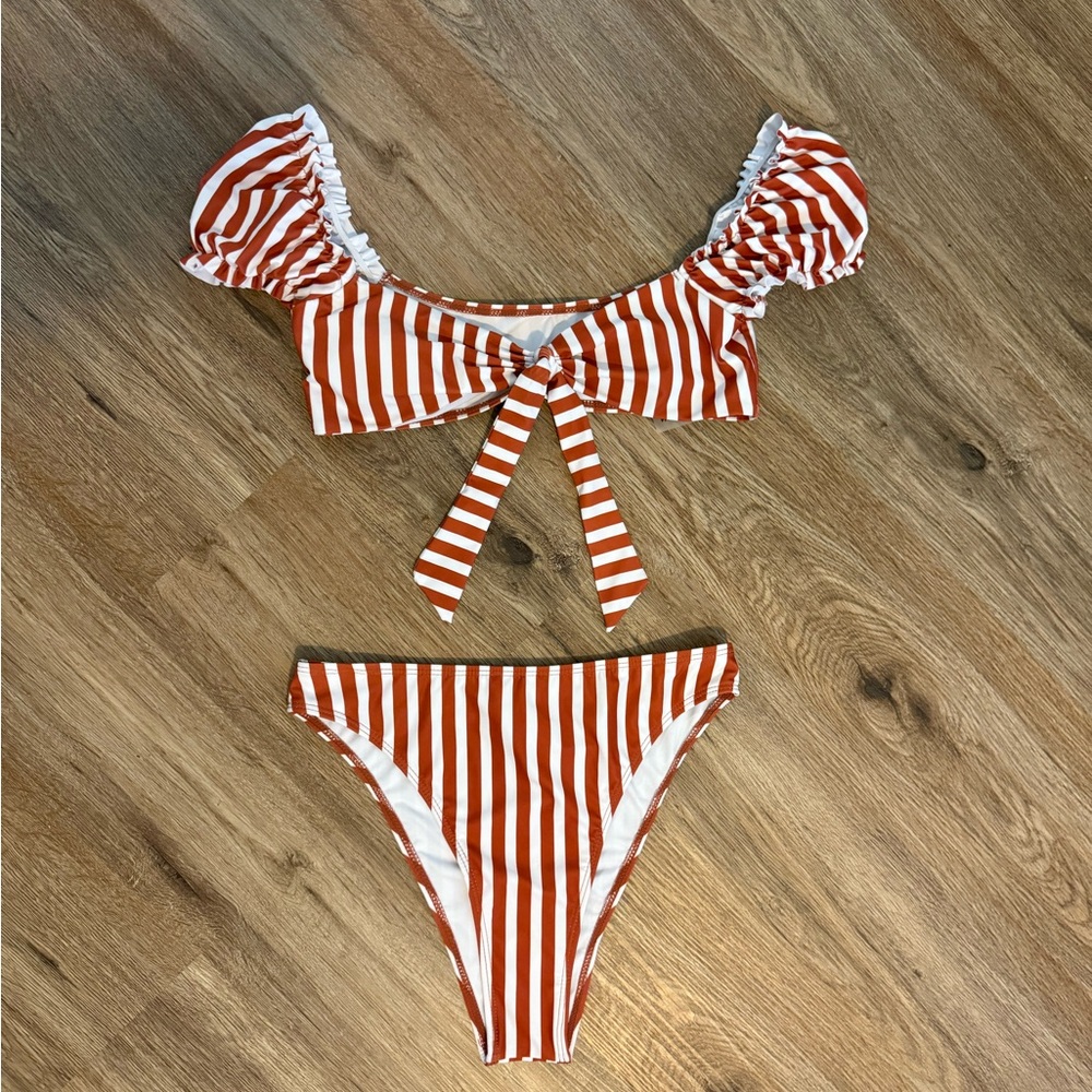 SHEIN Striped Knot Front Frill Trim Bikini Set
